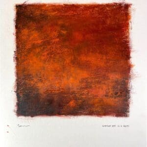 Abstract red and orange textured square painting.
