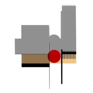 Abstract geometric shapes with red circle.