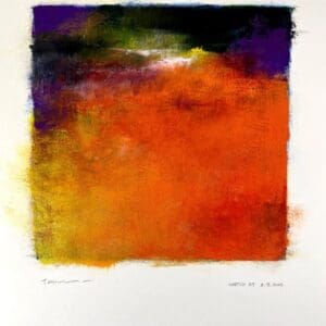Abstract painting with vibrant orange and purple.