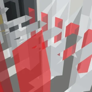 Abstract geometric shapes in red and gray.